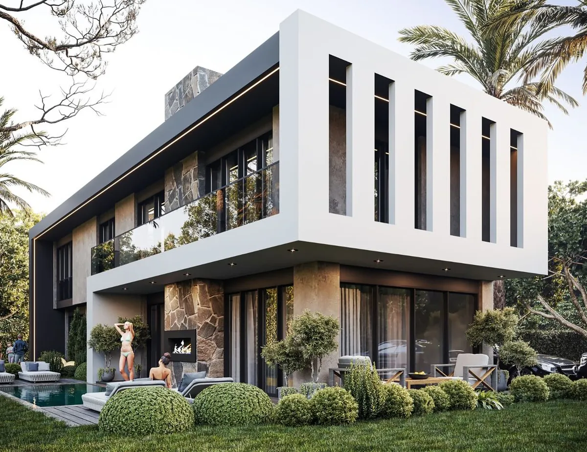 Ağva Evi, Ağva, Şile – dikey lamelli beyaz çerçeve ve bahçe (3D görselleştirme)