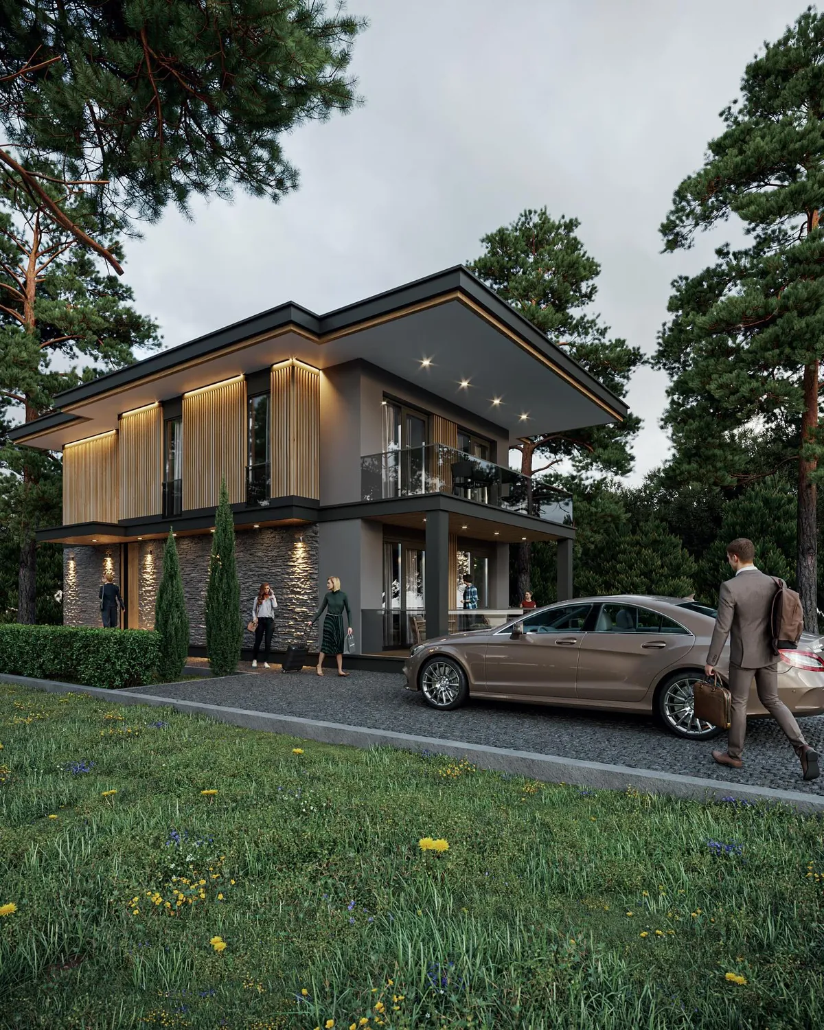 Ahmetli Ahşap Lamelli Villa, Ahmetli, Şile – derin saçaklı çatı ve ahşap lameller (3D görselleştirme)
