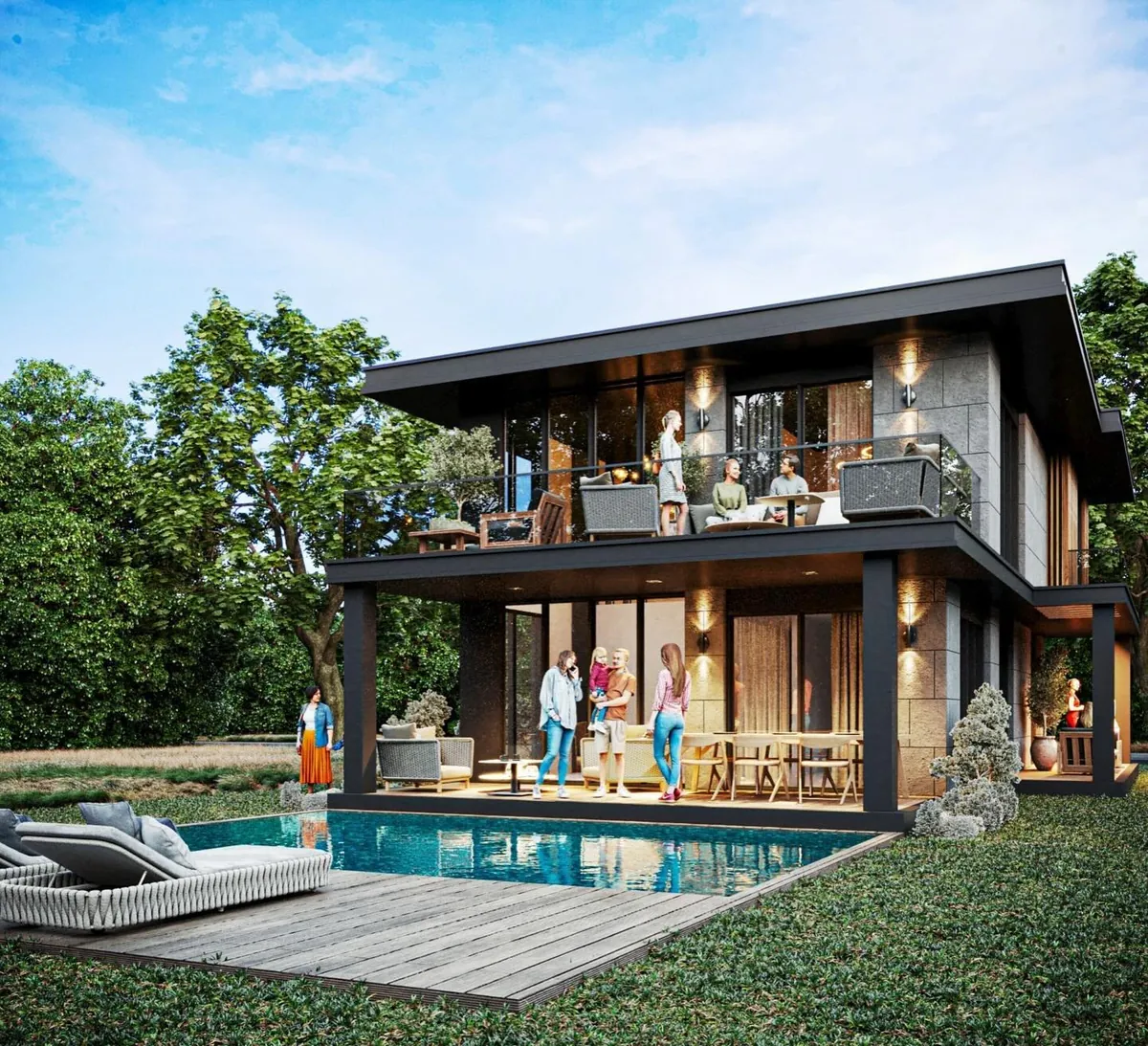 Ahmetli Havuzlu Villa, Ahmetli, Şile – havuz ve teraslar (3D görselleştirme)