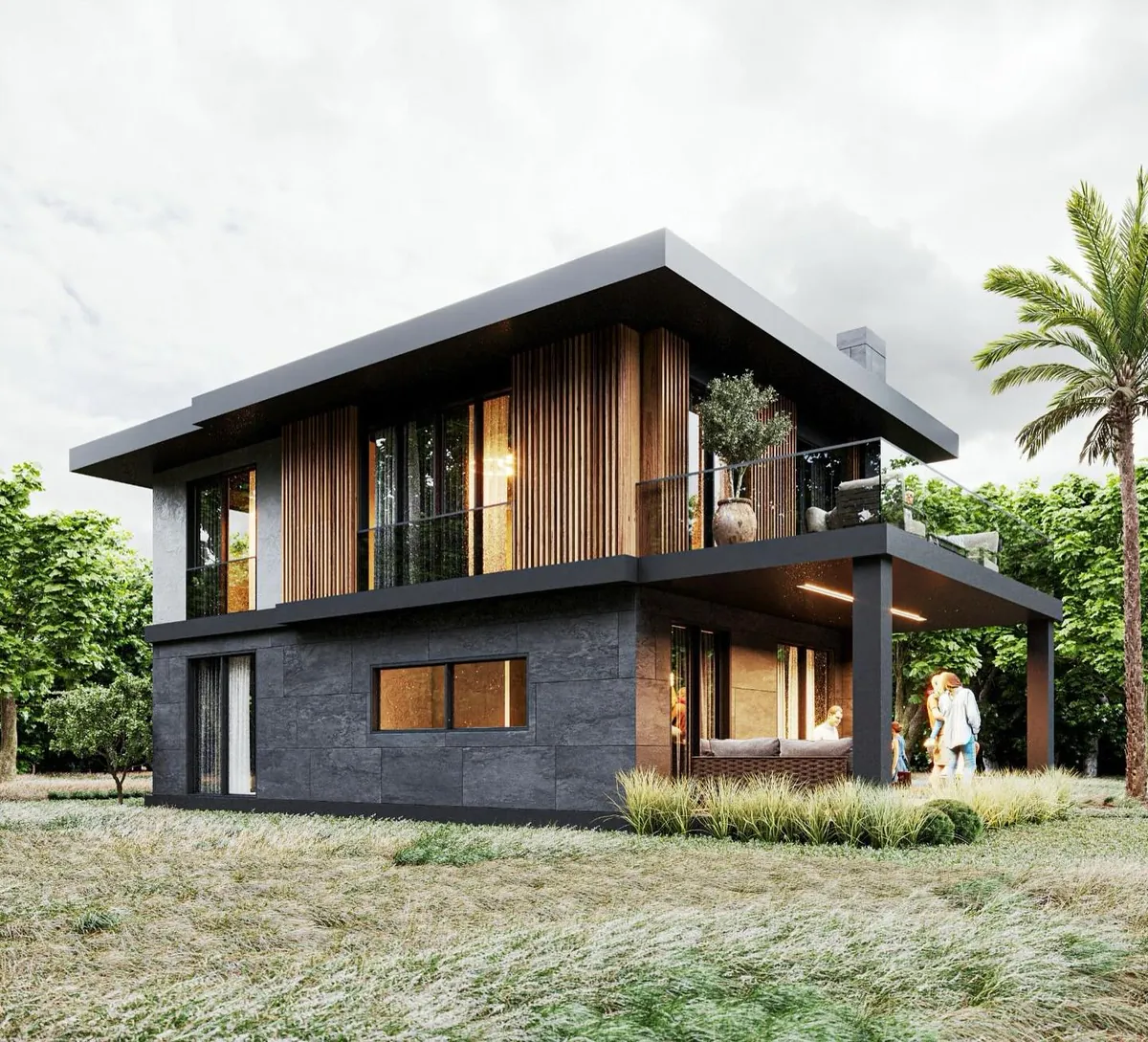 Ahmetli Konsol Villa, Ahmetli, Şile – köşe görünüşü: taş kaide, ahşap üst kat ve konsol saçak (3D görselleştirme)