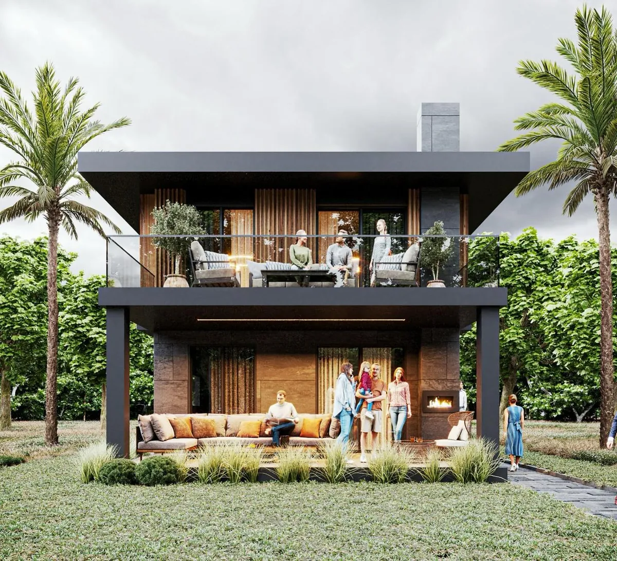 Ahmetli Konsol Villa, Ahmetli, Şile – üst üste iki teras ve şömineli oturma alanı (3D görselleştirme)