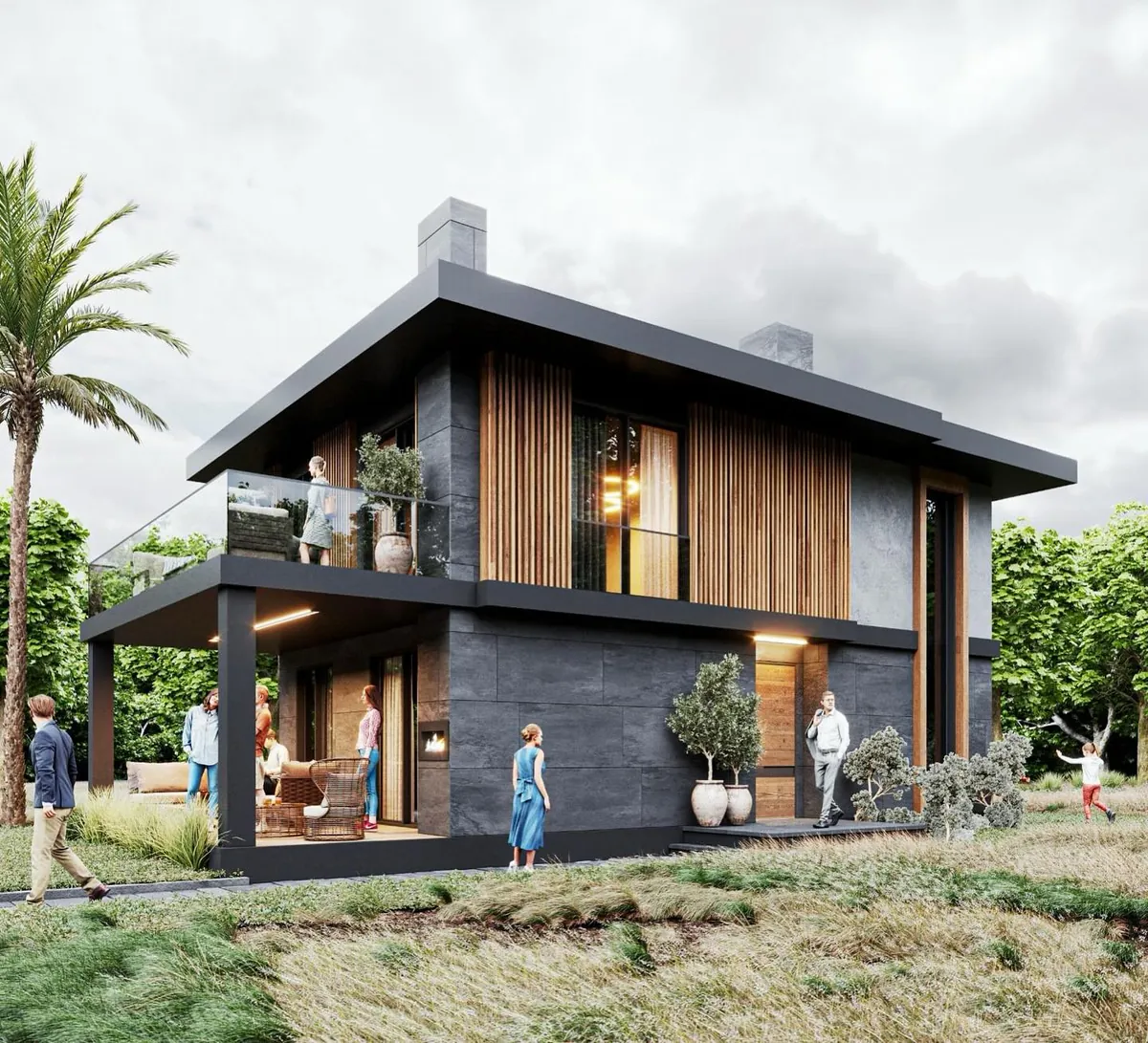Ahmetli Konsol Villa, Ahmetli, Şile – bahçe tarafı ve kolonlu teras (3D görselleştirme)