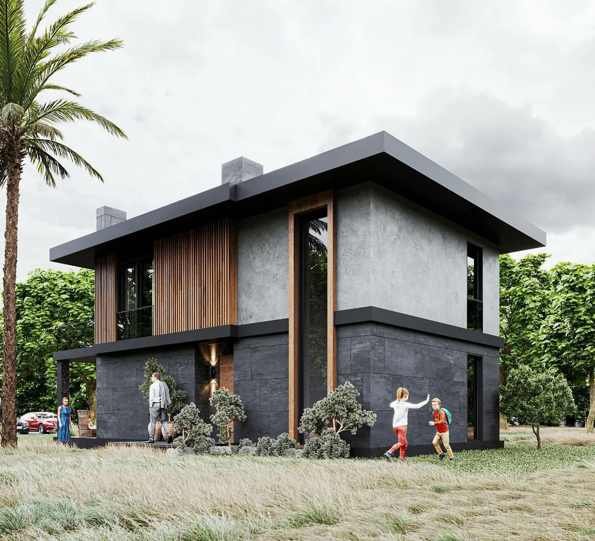 Ahmetli Konsol Villa, Ahmetli, Şile – yan cephe: yüksek pencere ve gri sıva (3D görselleştirme)