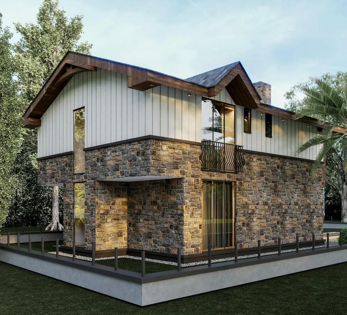 Ahmetli Taş ve Ahşap Dağ Evi, Ahmetli, Şile – yan cephe ve balkon (3D görselleştirme)