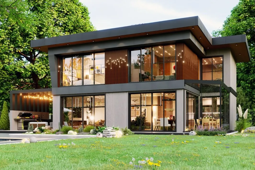 Ahmetli Teraslı Villa, Ahmetli, Şile – bahçe cephesi: geniş saçak ve kapalı teras (3D görselleştirme)