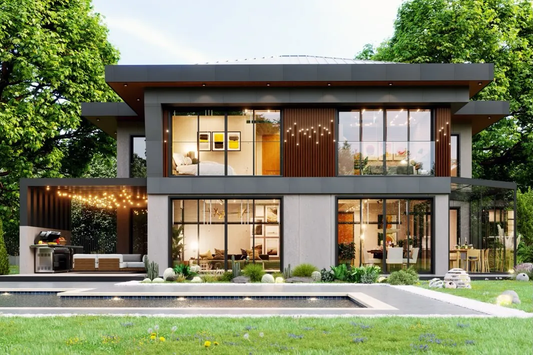 Ahmetli Teraslı Villa, Ahmetli, Şile – havuz ve bahçe cephesi (3D görselleştirme)