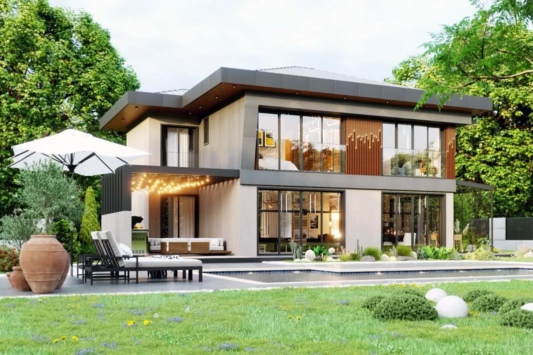 Ahmetli Teraslı Villa, Ahmetli, Şile – havuz kenarı ve teras köşesi (3D görselleştirme)