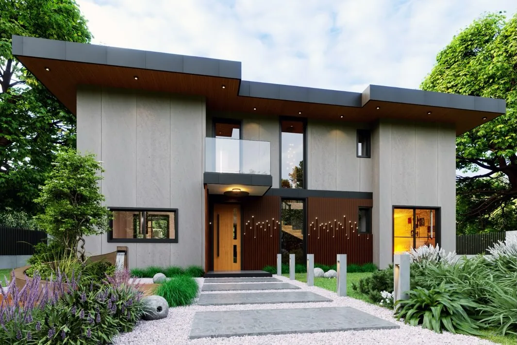 Ahmetli Teraslı Villa, Ahmetli, Şile – giriş cephesi: ahşap kapı ve cam korkuluklu balkon (3D görselleştirme)