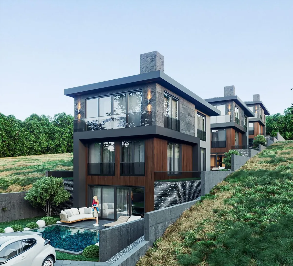 Ahmetli Yamaç Villaları, Ahmetli, Şile – yamaçta üç katlı villa ve havuz (3D görselleştirme)