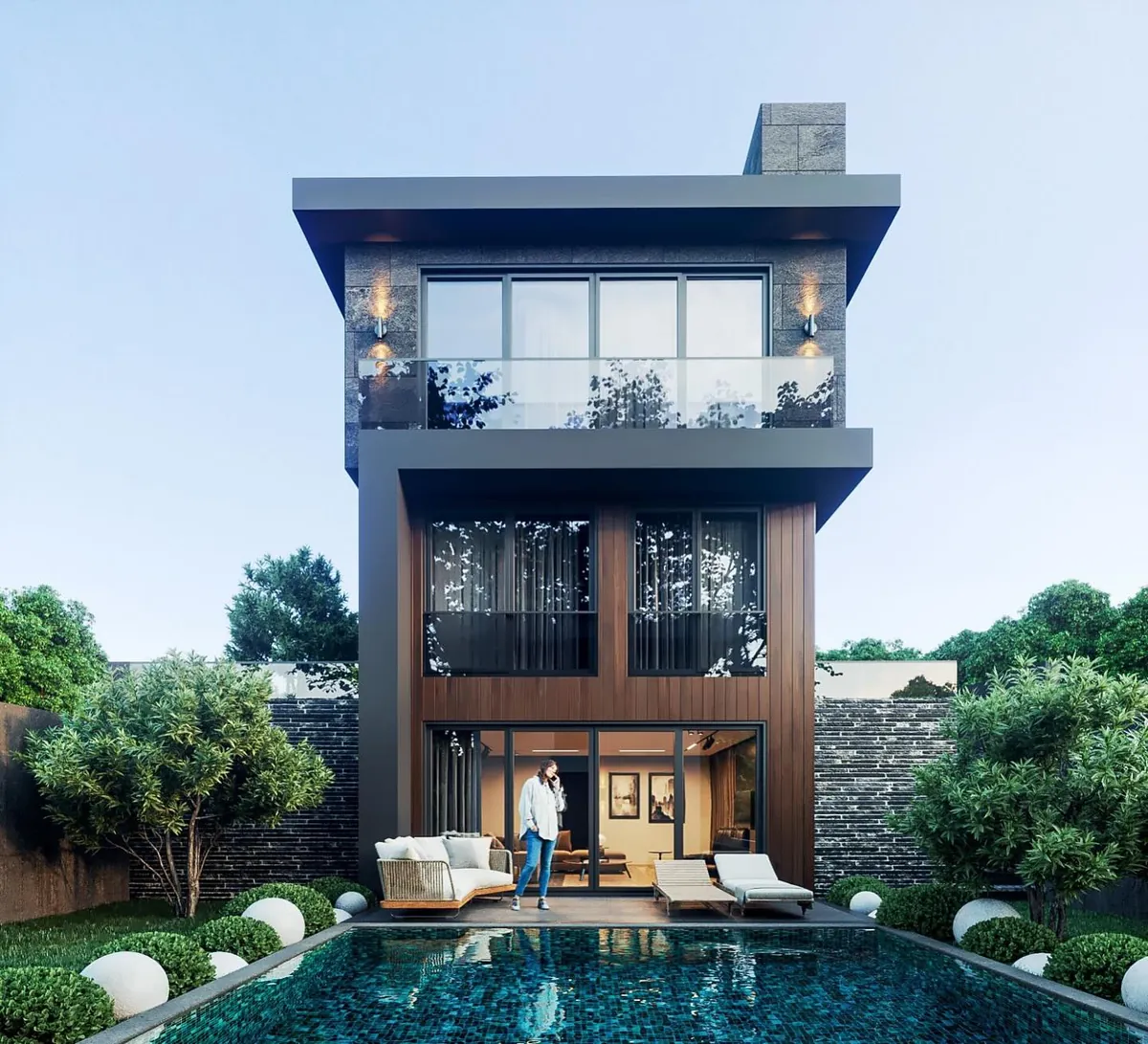 Ahmetli Yamaç Villaları, Ahmetli, Şile – ahşap ve taş cepheli villa, havuz (3D görselleştirme)