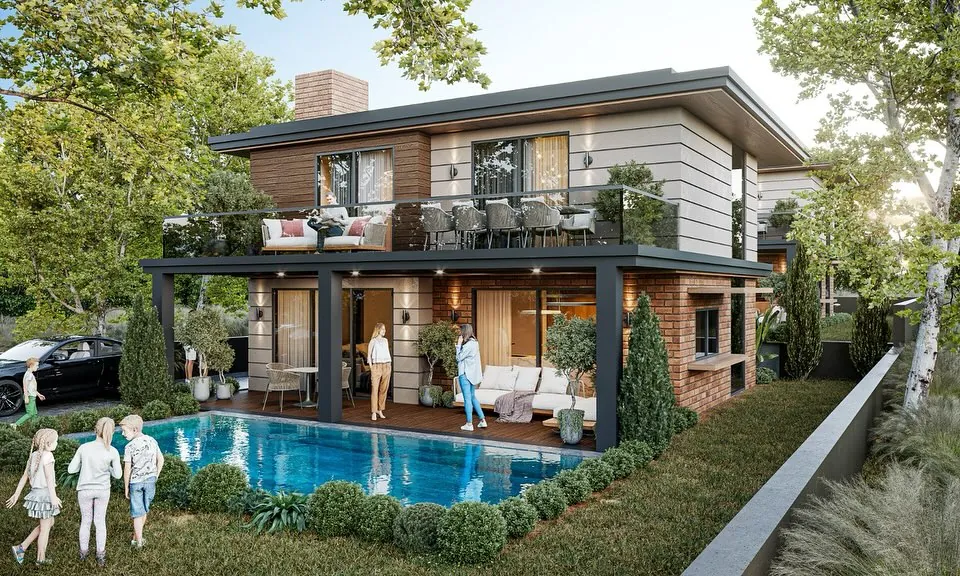 Akçakese Pergolalı Villa, Akçakese, Şile – havuz, pergolalı teras ve bahçe cephesi (3D görselleştirme)