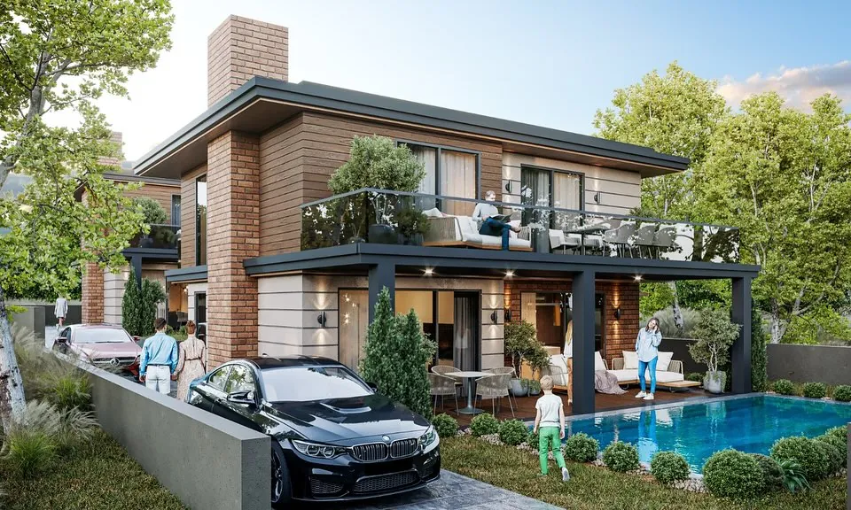 Akçakese Pergolalı Villa, Akçakese, Şile – tuğla baca kütlesi ve otopark tarafı (3D görselleştirme)