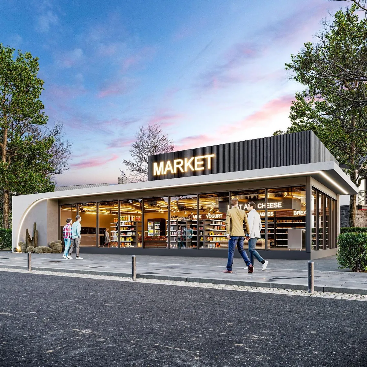 Akçakese Villaları ve Market, Akçakese, Şile – market: cam vitrin ve kavisli beyaz duvar (3D görselleştirme)