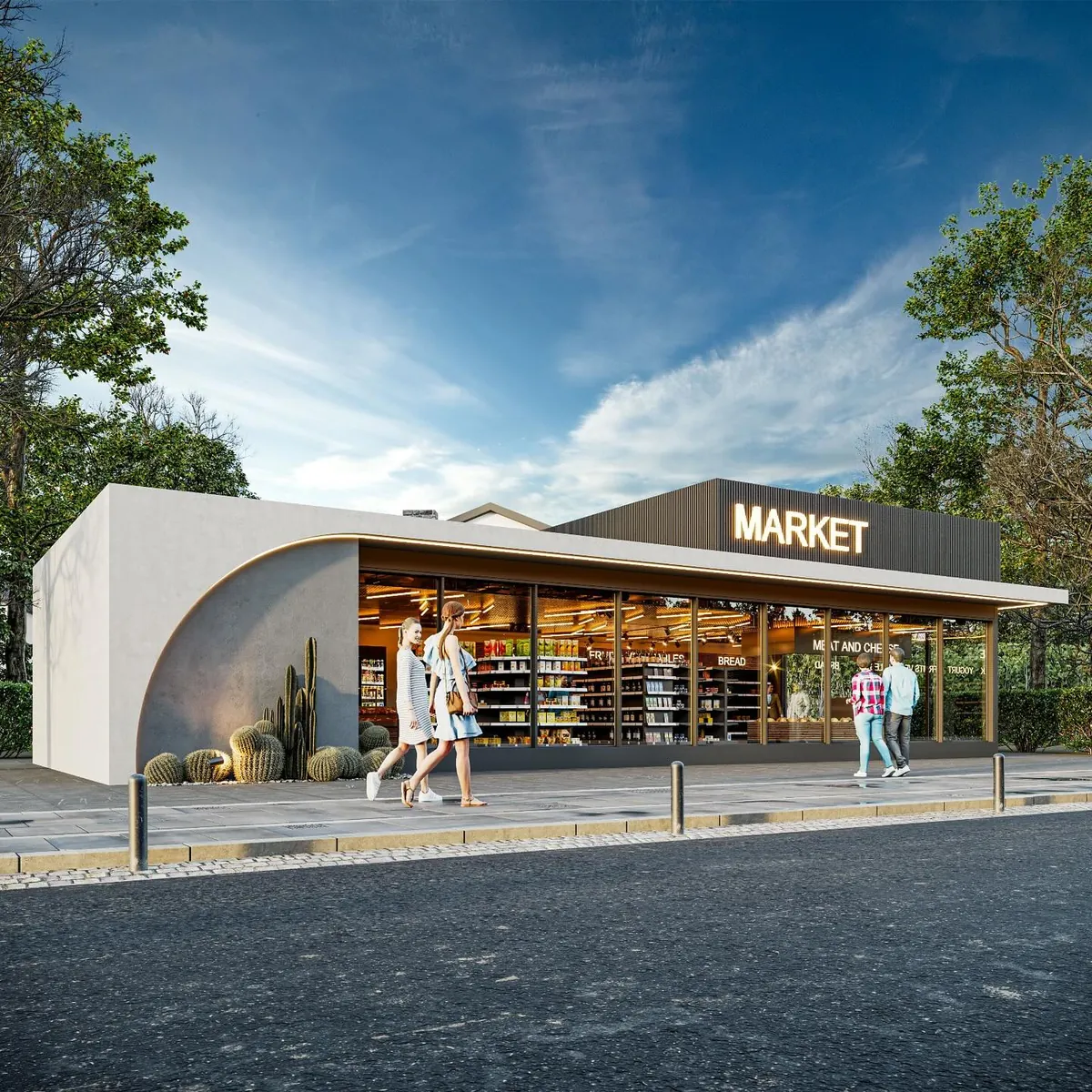 Akçakese Villaları ve Market, Akçakese, Şile – marketin kavisli duvarı ve sokak cephesi (3D görselleştirme)