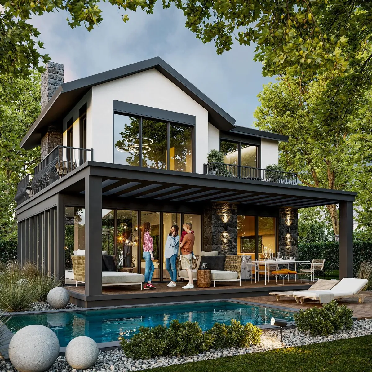 Akçakese Villaları ve Market, Akçakese, Şile – villa: pergolalı teras ve havuz (3D görselleştirme)