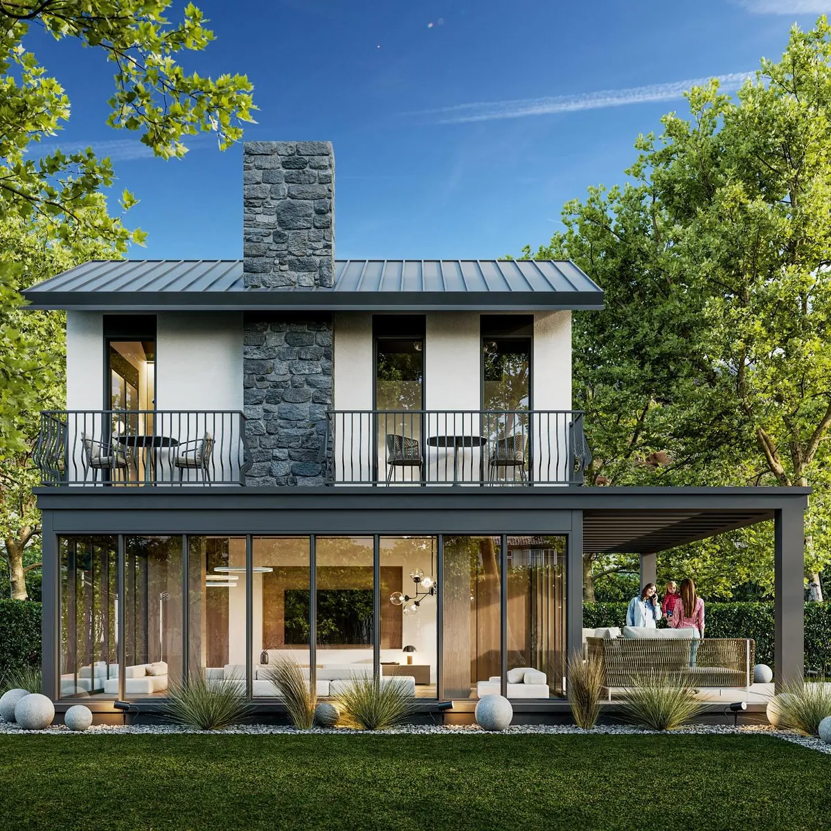 Akçakese Villaları ve Market, Akçakese, Şile – villa: taş baca ve balkonlar (3D görselleştirme)