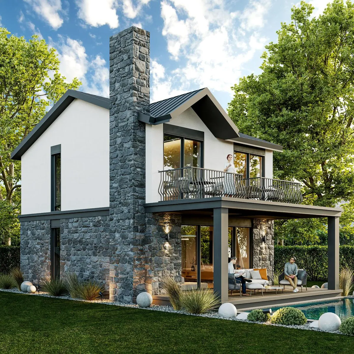 Akçakese Villaları ve Market, Akçakese, Şile – villa: taş baca ve kapalı teras (3D görselleştirme)