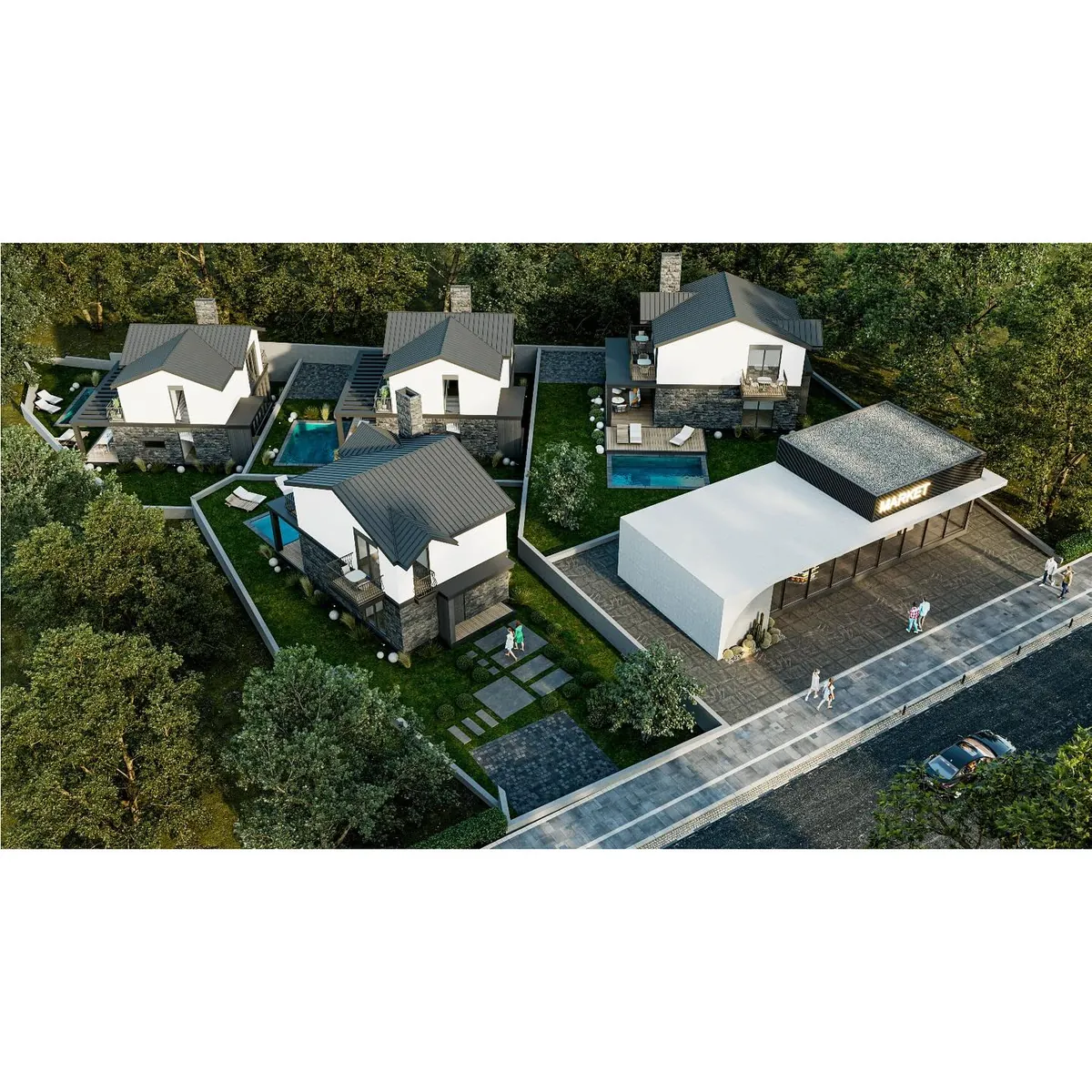 Akçakese Villaları ve Market, Akçakese, Şile – havadan görünüm: market ve villalar (3D görselleştirme)