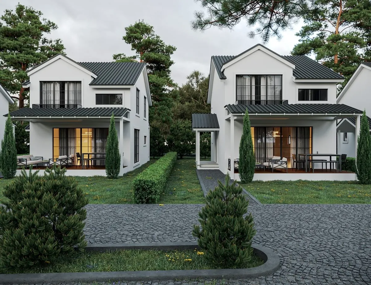 Aterko Konutları, Kızılcaköy, Şile – beşik çatılı beyaz evler ve verandalar (3D görselleştirme)