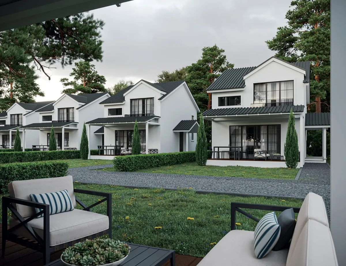 Aterko Konutları, Kızılcaköy, Şile – bir evin terasından site içi (3D görselleştirme)