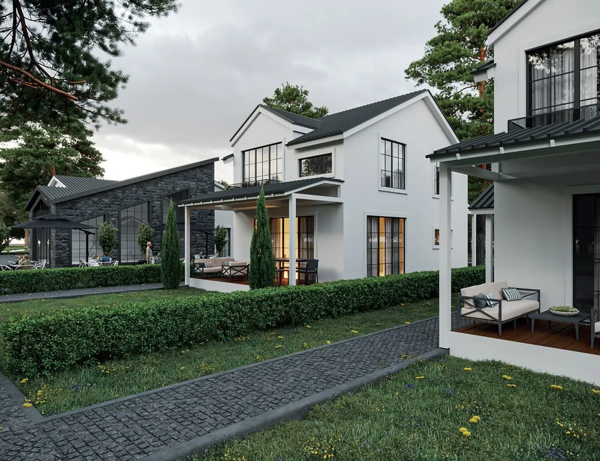 Aterko Konutları, Kızılcaköy, Şile – site yolu ve arkada sosyal tesis (3D görselleştirme)