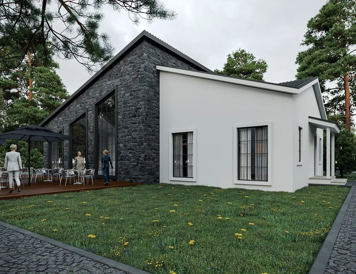 Aterko Konutları, Kızılcaköy, Şile – sosyal tesisin taş ve beyaz kütleleri (3D görselleştirme)