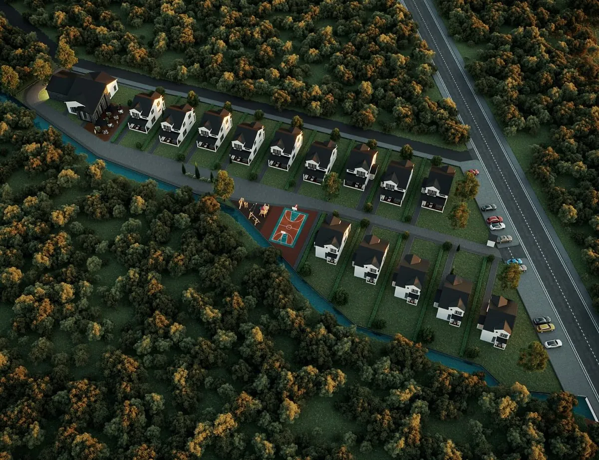 Aterko Konutları, Kızılcaköy, Şile – orman içindeki sitenin havadan görünümü (3D görselleştirme)