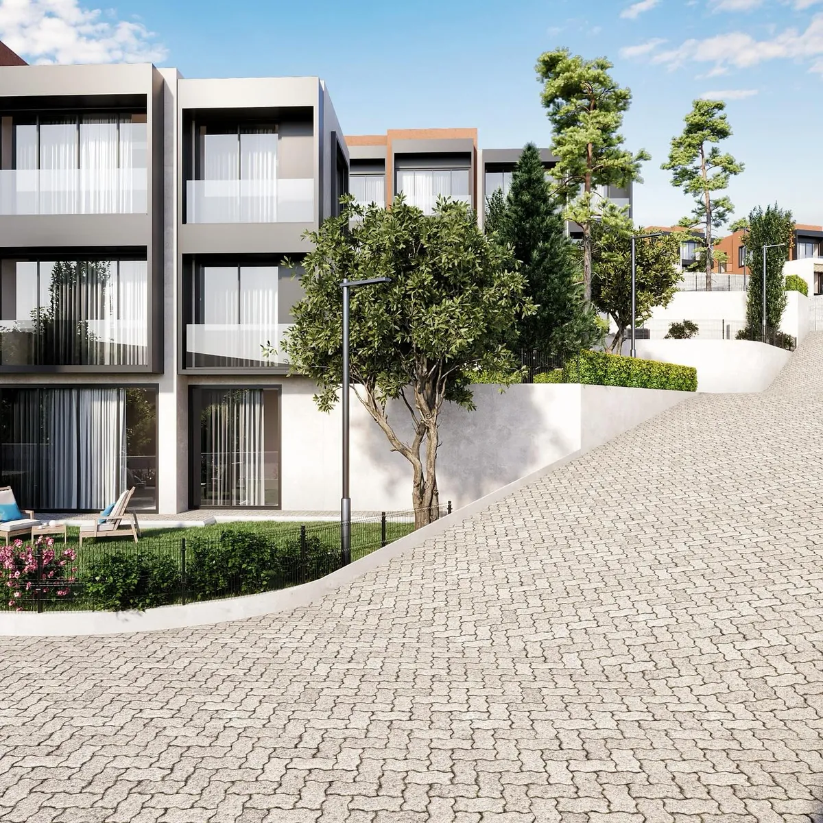 Bahçeli Yaşam, İmrenli, Şile – eğimli site yolu ve üç katlı bloklar (3D görselleştirme)