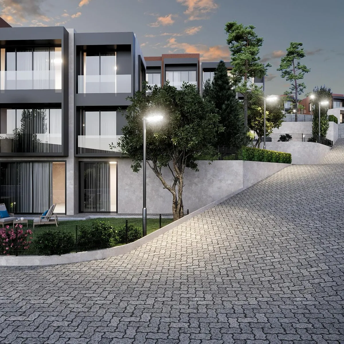 Bahçeli Yaşam, İmrenli, Şile – akşam: site yolu ve bloklar (3D görselleştirme)