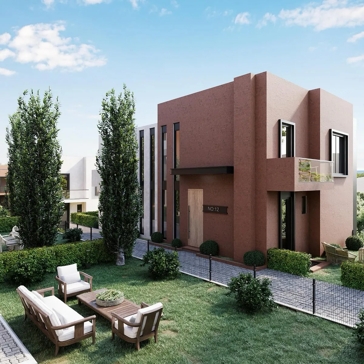 Bahçeli Yaşam, İmrenli, Şile – kiremit kırmızısı blok ve bahçe (3D görselleştirme)