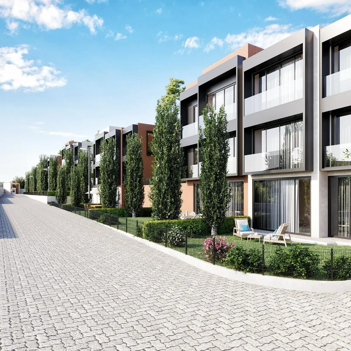 Bahçeli Yaşam, İmrenli, Şile – site yolu boyunca bloklar ve bahçeler (3D görselleştirme)