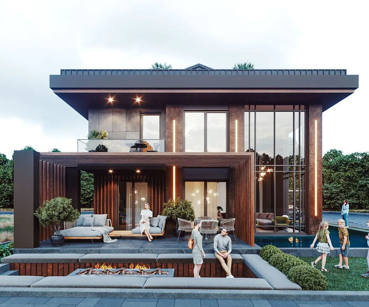 Balibey Ahşap Cepheli Villa, Balibey, Şile – bahçe cephesi: ahşap lameller, teras ve ateş çukurlu oturma alanı (3D görselleştirme)