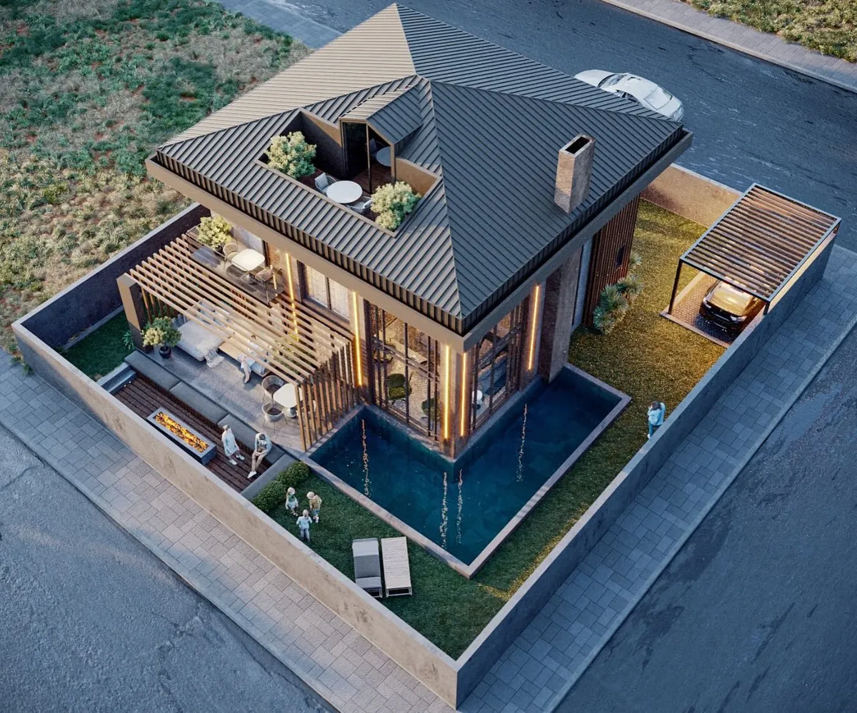 Balibey Ahşap Cepheli Villa, Balibey, Şile – kuşbakışı: çatı terası, havuz ve pergola (3D görselleştirme)