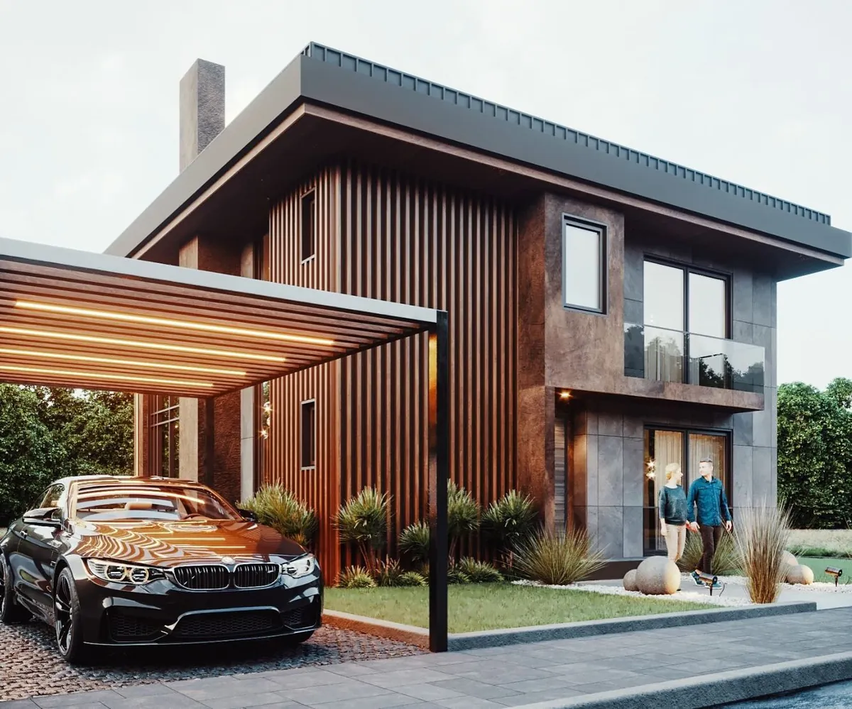 Balibey Ahşap Cepheli Villa, Balibey, Şile – pergolalı otopark ve giriş cephesi (3D görselleştirme)
