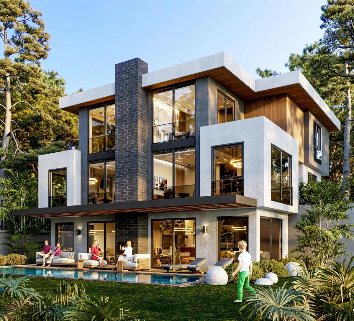 Balibey Beyaz Çerçeveli Villa, Balibey, Şile – havuz tarafından köşe görünüşü (3D görselleştirme)