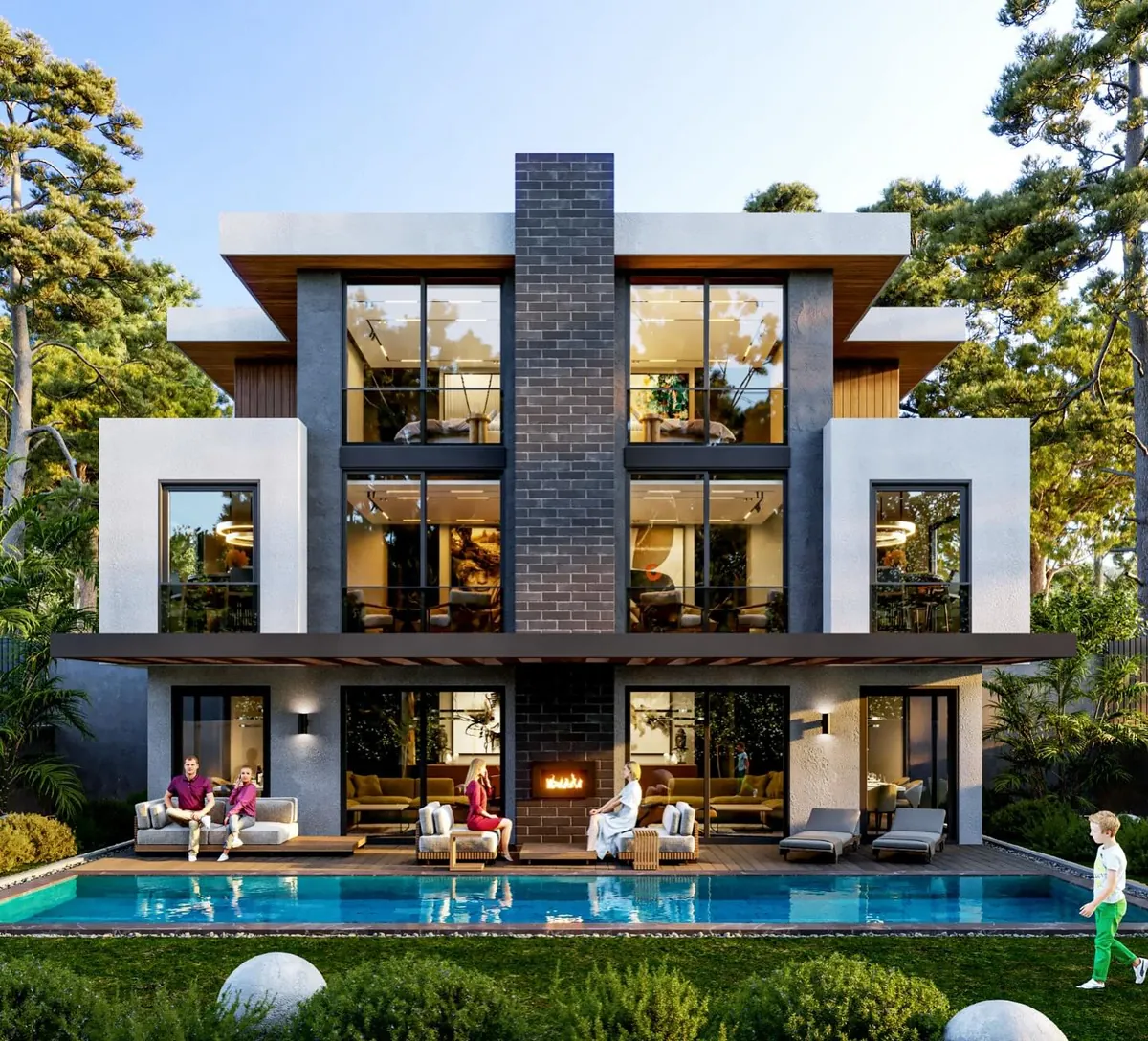 Balibey Beyaz Çerçeveli Villa, Balibey, Şile – simetrik bahçe cephesi ve tuğla baca kulesi (3D görselleştirme)