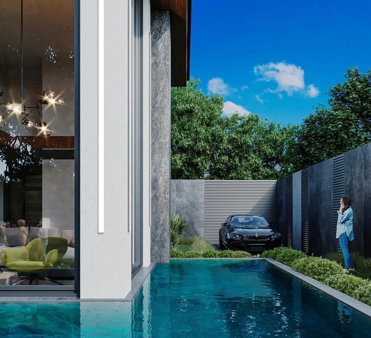 Balibey Çift Yükseklikli Villa, Balibey, Şile – yaşam alanından havuzlu avluya bakış (3D görselleştirme)