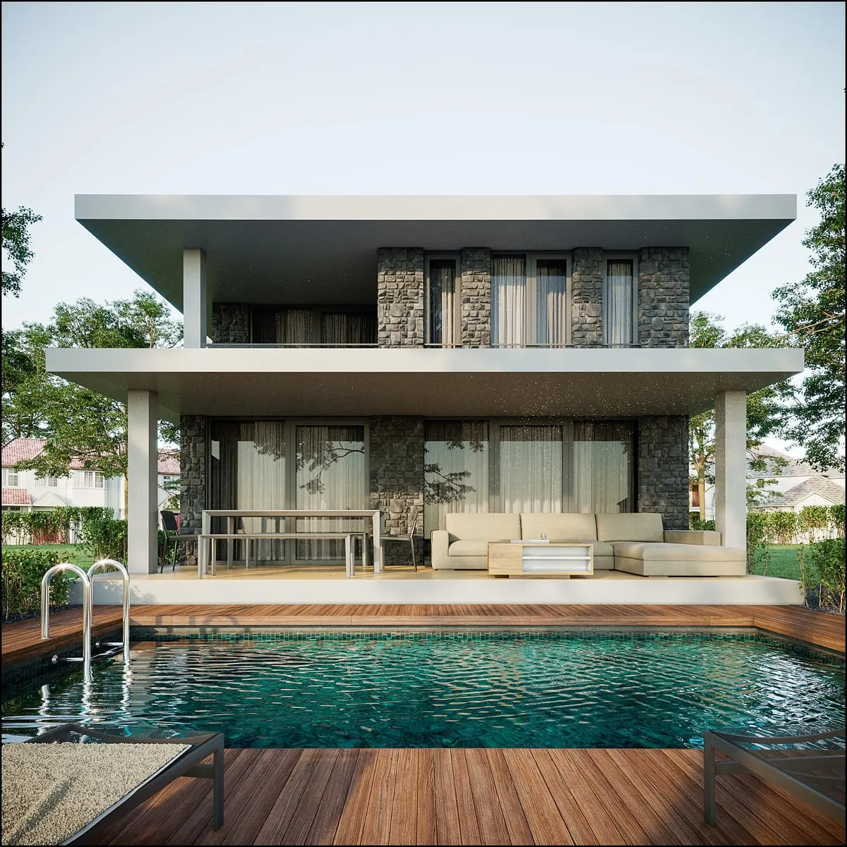 Balibey Geniş Saçaklı Villa, Balibey, Şile – havuz ve ince, geniş çatı saçağı (3D görselleştirme)