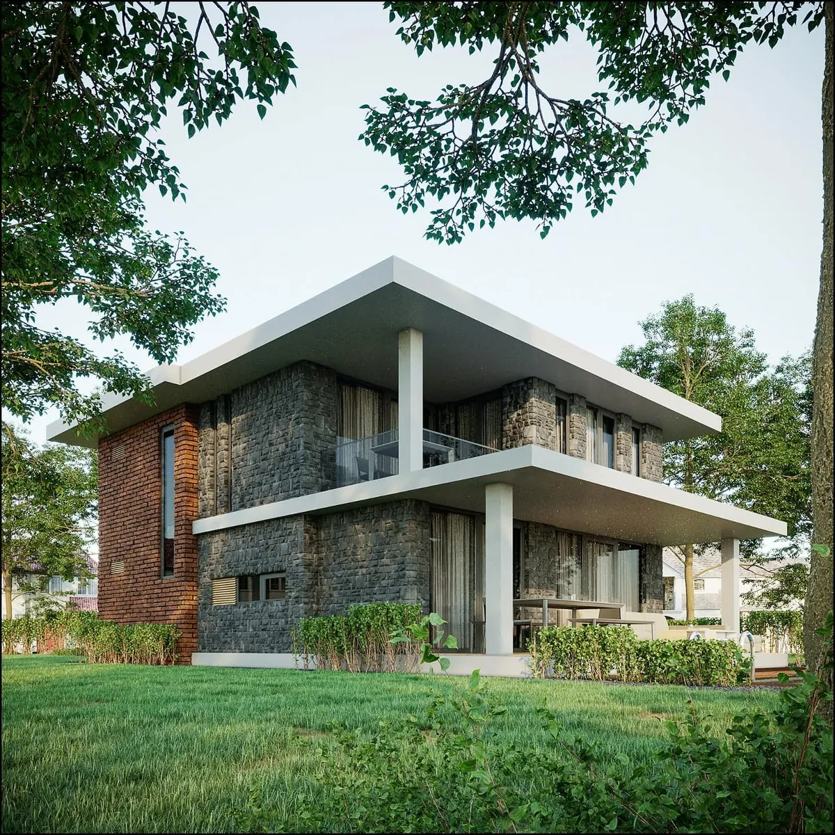 Balibey Geniş Saçaklı Villa, Balibey, Şile – taş ve tuğla kütleler, beyaz kolonlar (3D görselleştirme)