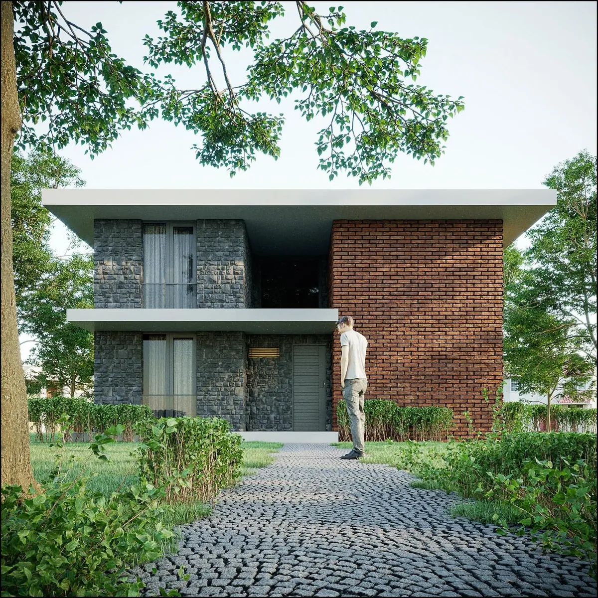 Balibey Geniş Saçaklı Villa, Balibey, Şile – arnavut kaldırımı patika ve giriş (3D görselleştirme)