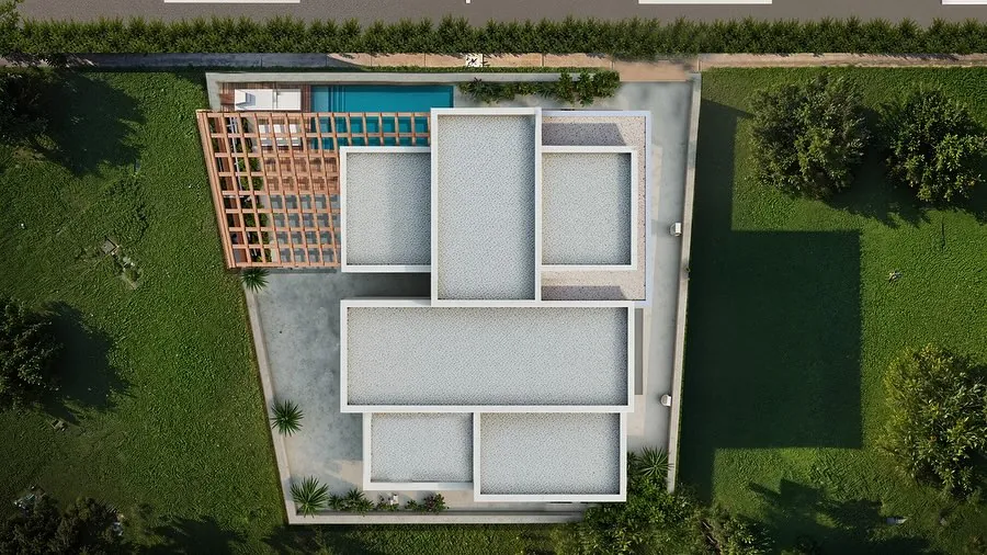 Balibey Tek Katlı Ev, Balibey, Şile – kuşbakışı: plan kurgusu, pergola ve havuz (3D görselleştirme)
