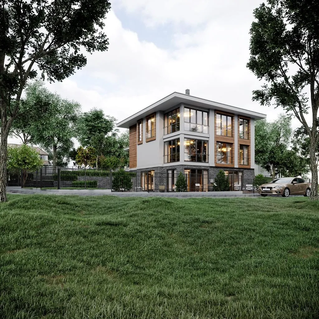 Balibey Tuğla ve Ahşap Villa, Balibey, Şile – bahçeden üç katlı villa (3D görselleştirme)