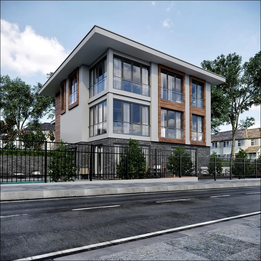 Balibey Tuğla ve Ahşap Villa, Balibey, Şile – sokak cephesi: beyaz çerçeveler ve ahşap (3D görselleştirme)