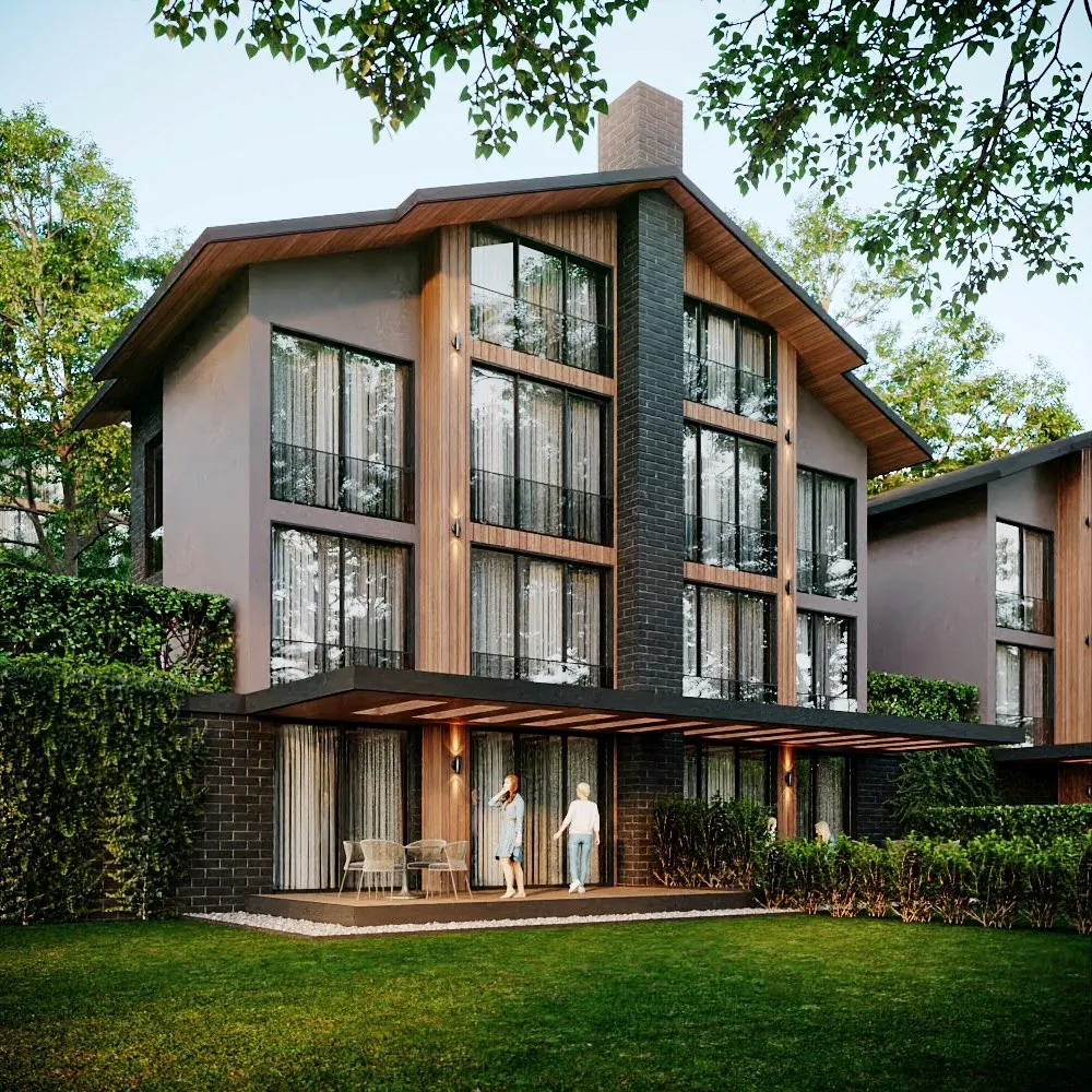 Beyaz Park Evleri, Ahmetli, Şile – geniş saçaklı ev tipi: ahşap ve koyu tuğla (3D görselleştirme)