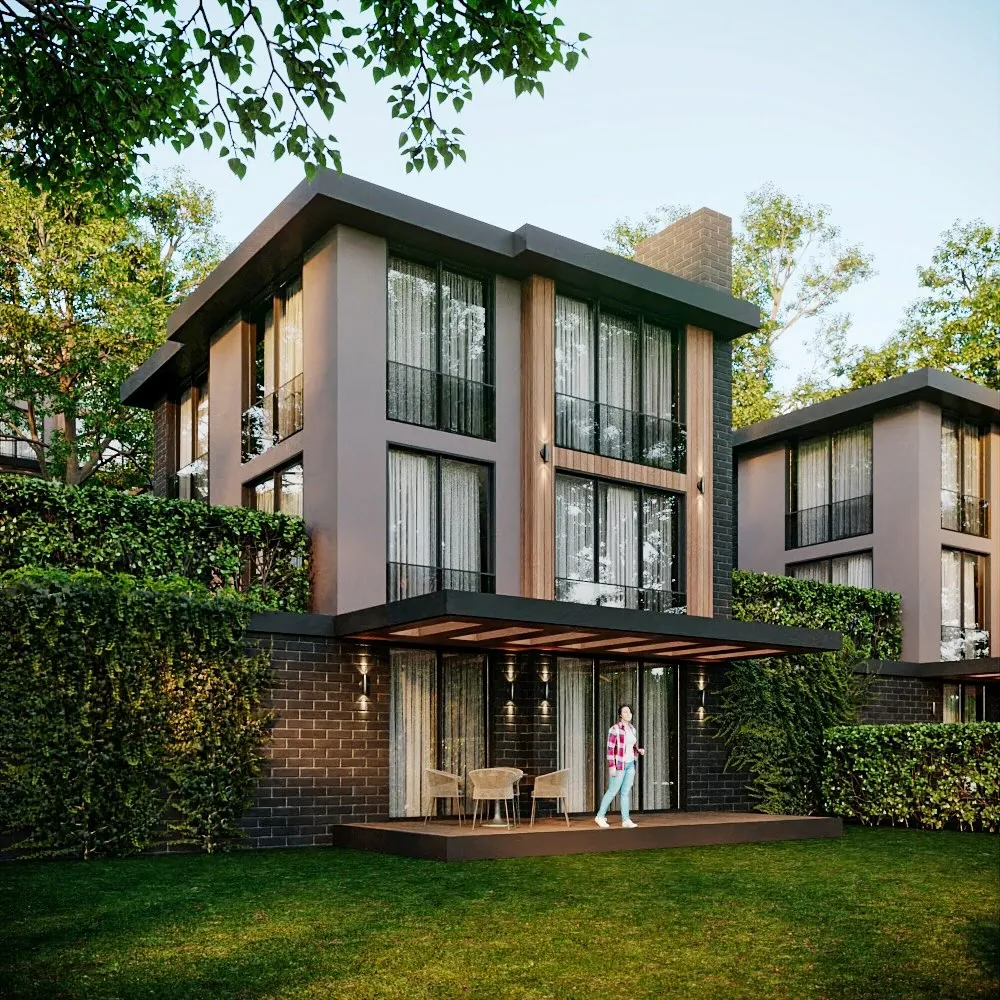 Beyaz Park Evleri, Ahmetli, Şile – bahçeye açılan ev ve deck (3D görselleştirme)