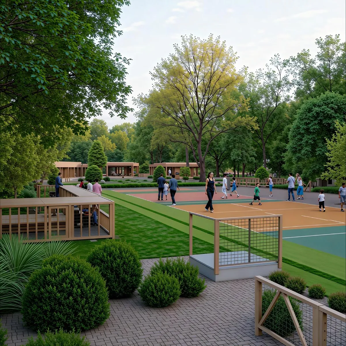 Beyaz Park Evleri, Ahmetli, Şile – park: spor sahası ve ahşap köşkler (3D görselleştirme)