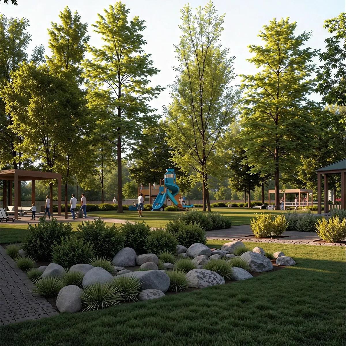 Beyaz Park Evleri, Ahmetli, Şile – oyun alanı ve taş peyzaj (3D görselleştirme)