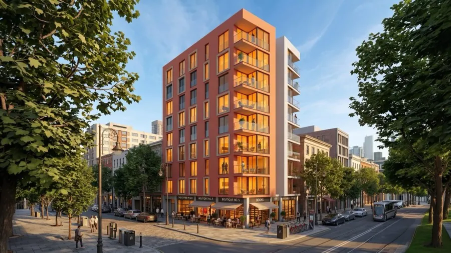 Bostancı Apartmanı, Bostancı, Kadıköy – köşe görünüşü: terrakota cephe ve balkonlar (3D görselleştirme)