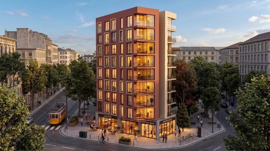 Bostancı Apartmanı, Bostancı, Kadıköy – kavşaktan görünüm ve zemin kat ticari birimler (3D görselleştirme)