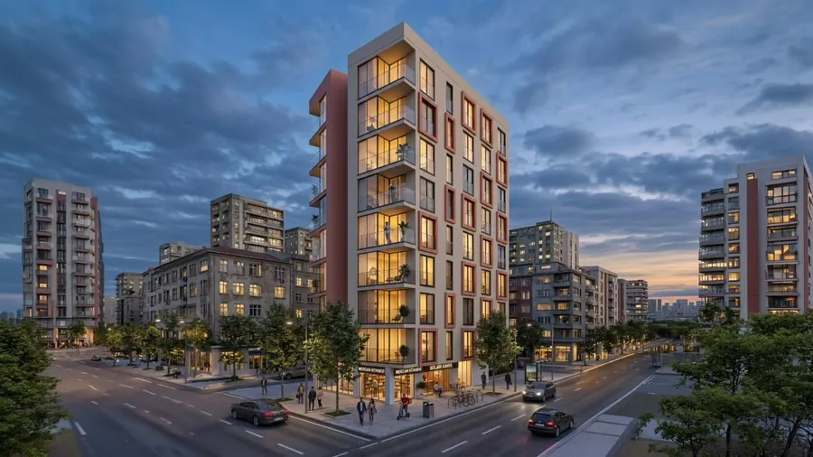 Bostancı Apartmanı, Bostancı, Kadıköy – akşam: açık renkli cephe yüzü ve balkonlar (3D görselleştirme)